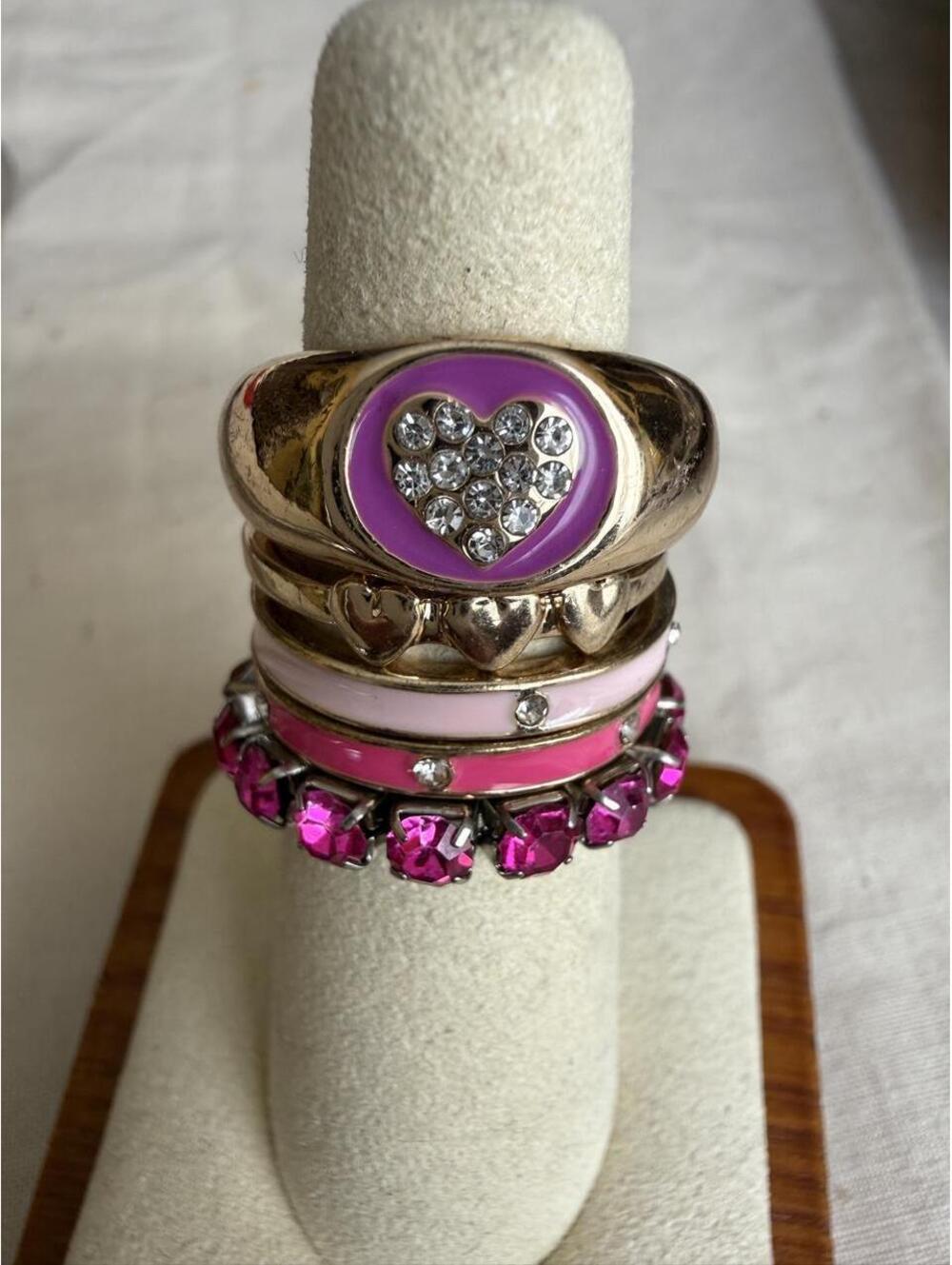 Pink Heart Ring Stack Set Gold Tone Enamel Rhinestone Barbiecore